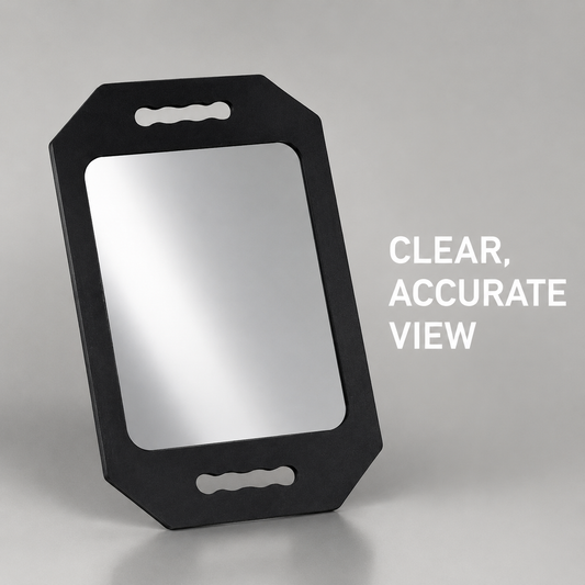 Black handheld salon mirror with Clear, Accurate View benefit text