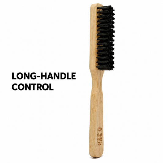 Barber long wood handle brush benefit graphic with dense black bristles