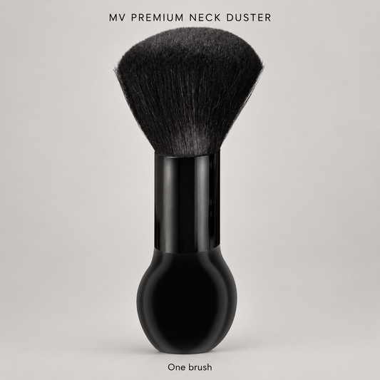 MV Premium Neck Duster Brush with dense black bristles and oval lower grip