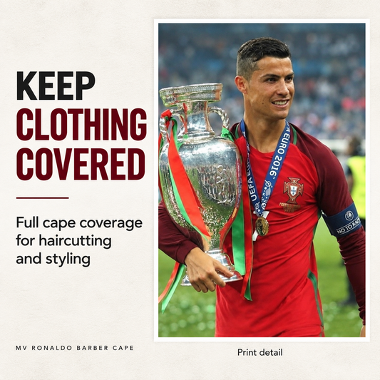 MV Ronaldo Barber Cape print detail with full clothing coverage benefit