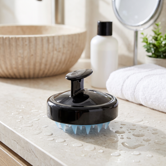 MV scalp massager brush beside a basin after wet use
