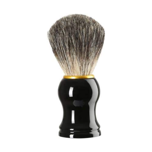 Black-handled shaving brush with dense two-tone bristles