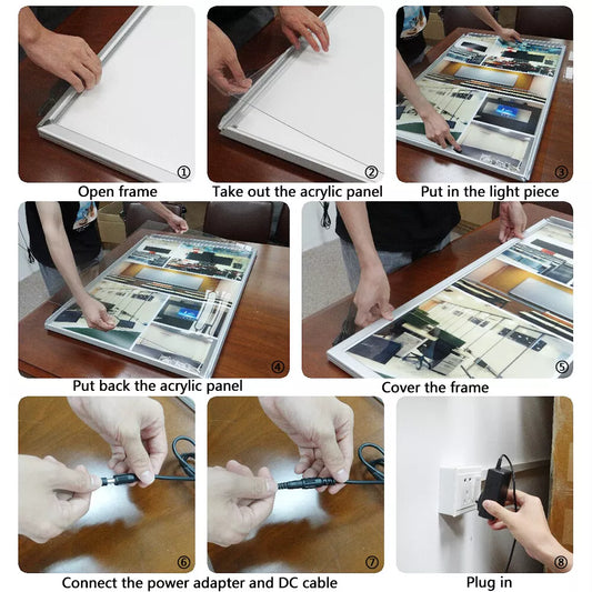 Steps for opening the frame, inserting a poster and connecting power