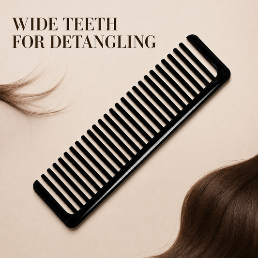 Black wide-tooth comb graphic highlighting its widely spaced teeth