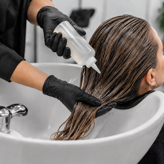 Colourist applying clear gel through wet hair at a shampoo basin