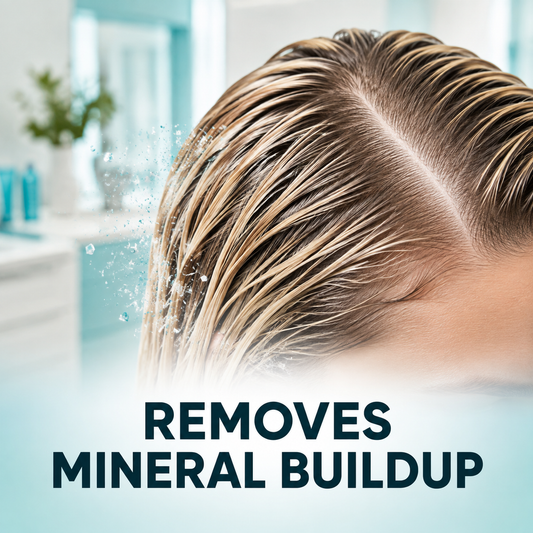 Clean parted hair and scalp with REMOVES MINERAL BUILDUP benefit text