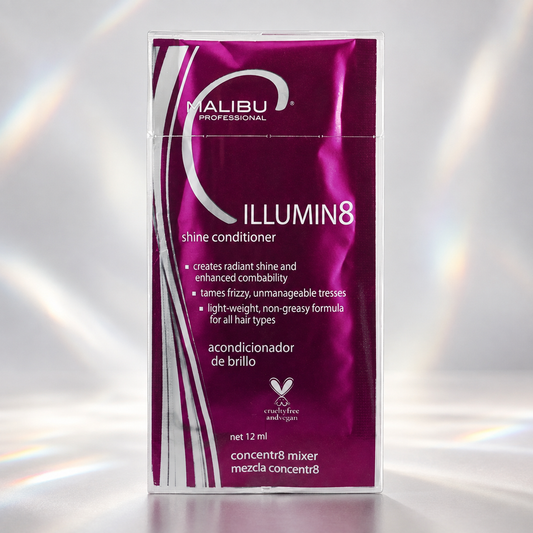 Malibu C Illumin8 Shine Conditioner 12ml sachet on a prismatic studio surface