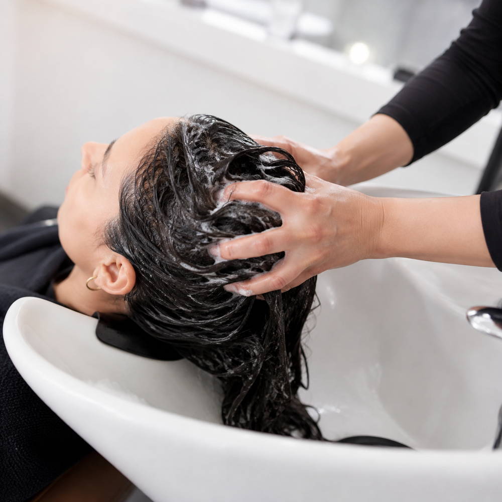 Professional shampoo service demonstrating Malibu C Un-Do-Goo on wet hair