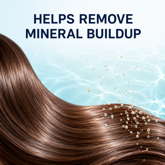 Malibu C Hard Water Remedy benefit graphic showing mineral buildup lifting from glossy hair