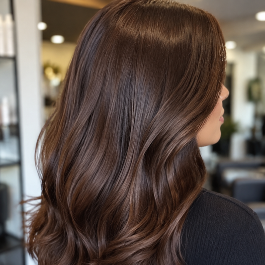 Natural Look Colourance Rich Chocolate Shampoo result on glossy medium-brown hair