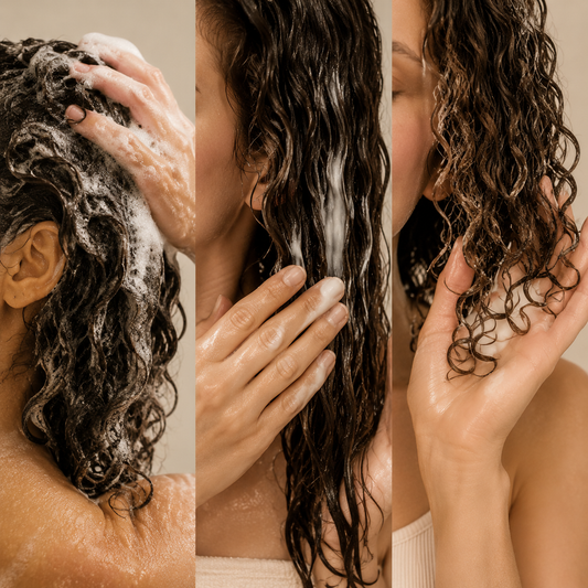 Three-step curly hair routine showing cleansing, conditioning and curl activation