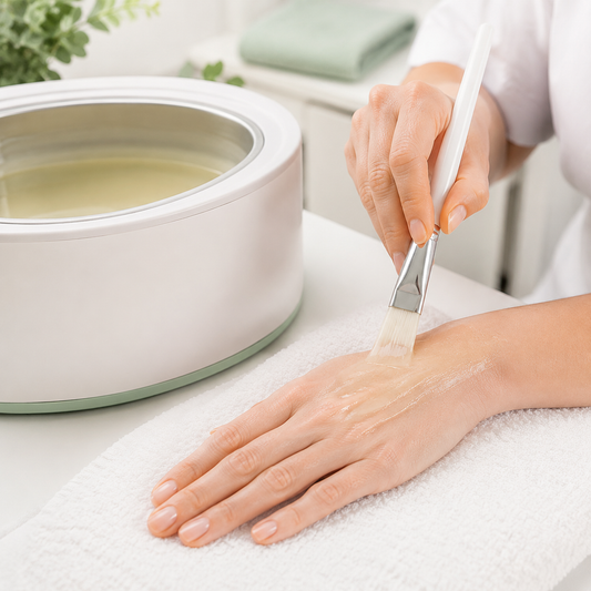 Professional applying pale Tea Tree paraffin wax to a hand beside a thermostatic wax unit