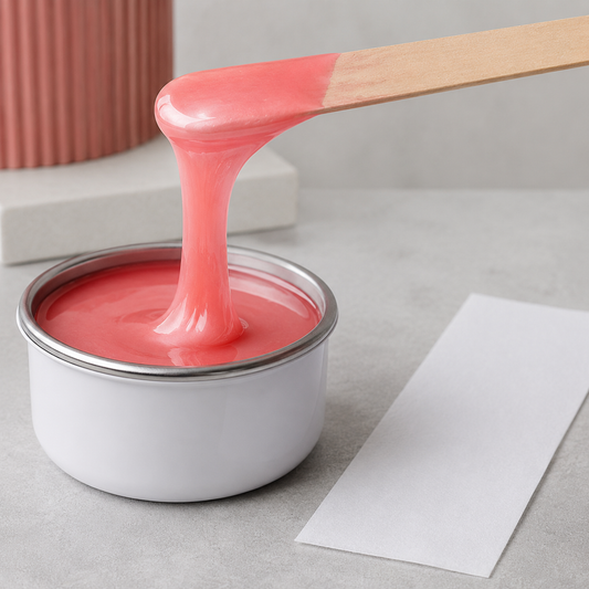 Satin-pink Strawberry strip wax texture on a wooden spatula beside a blank waxing strip