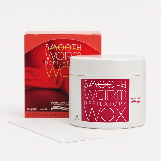 Natural Look Smooth Warm Depilatory Wax 350g jar and carton with blank waxing strip on white