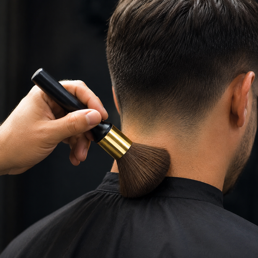 Black and gold neck duster brush removing loose hair after a haircut