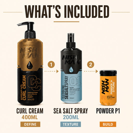 Contents of the Nish Man Complete Curl Styling Trio