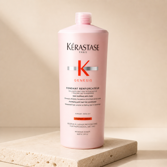 Kérastase Genesis Fondant Renforçateur 1000ml bottle on a stone plinth in warm light