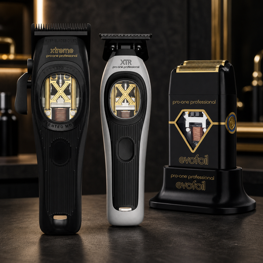 PRO-ONE Xtreme Trio clipper, trimmer and foil shaver in premium barber studio