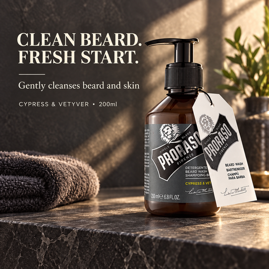 Proraso Cypress and Vetyver Beard Wash gently cleanses beard and skin