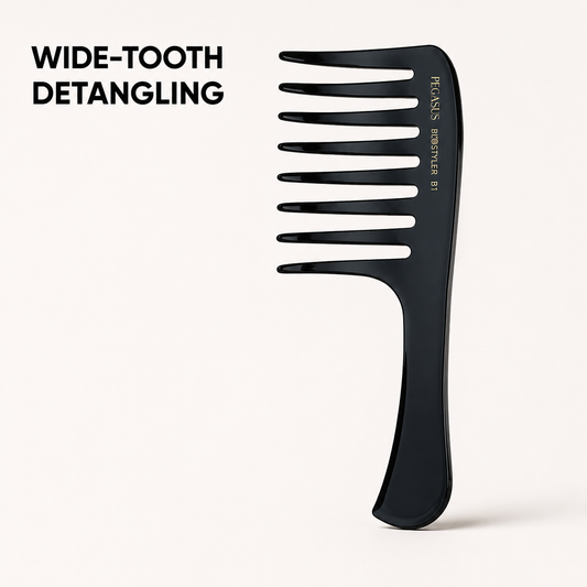 Black Pegasus BioStyler B1 wide-tooth comb with detangling text