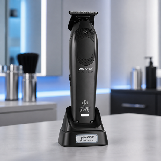 Pro-One Play Cordless Trimmer on charging dock in modern barber studio