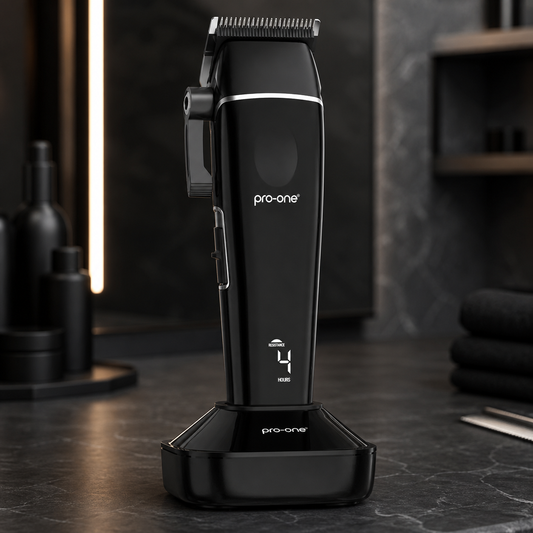 Pro-One Stealth Clipper on charging dock in premium barber studio