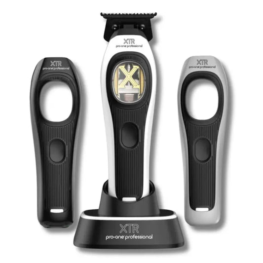 Pro-One XTR cordless hair trimmer with charging stand and three interchangeable body kits