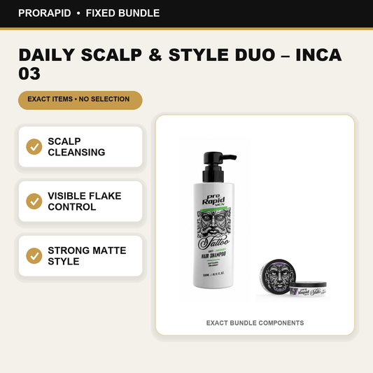 ProRapid shampoo and INCA 03 wax duo with scalp cleansing and matte styling details