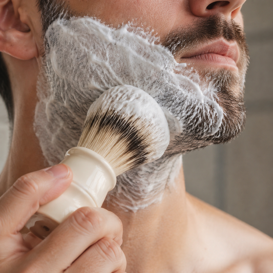 Proraso Sensitive Shaving Cream lather applied with a shaving brush