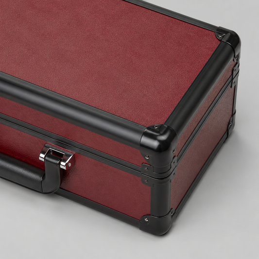 Red rectangle tools case textured exterior, black frame and reinforced corner detail