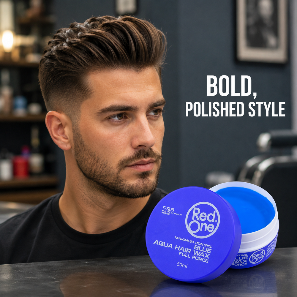 Bold polished hairstyle result using RedOne Aqua Hair Wax Blue 50ml
