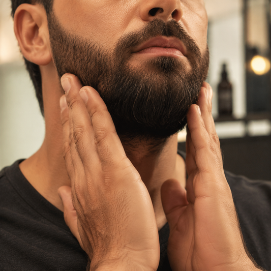 RedOne coconut and olive beard oil worked through a short beard by hand