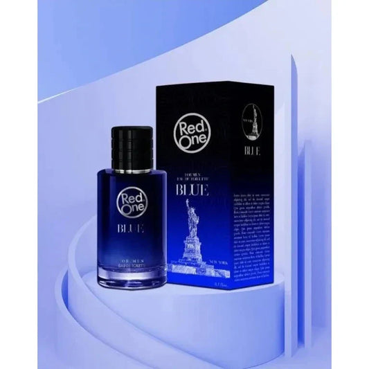 RedOne Blue Eau de Toilette for Men 100ml bottle with box on blue display