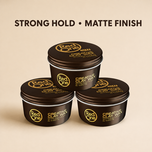 RedOne Creative Clay Wax trio benefit graphic: strong hold and matte finish