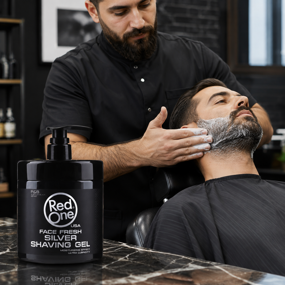 RedOne Silver Shaving Gel applied during a professional shave