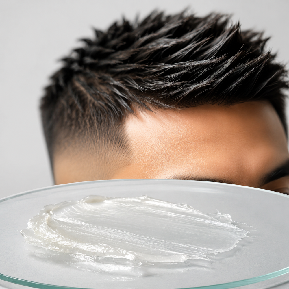 White water-based wax texture with a defined short hairstyle
