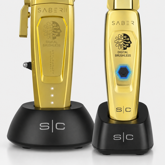 StyleCraft Saber clipper and trimmer on charging docks from trio bundle