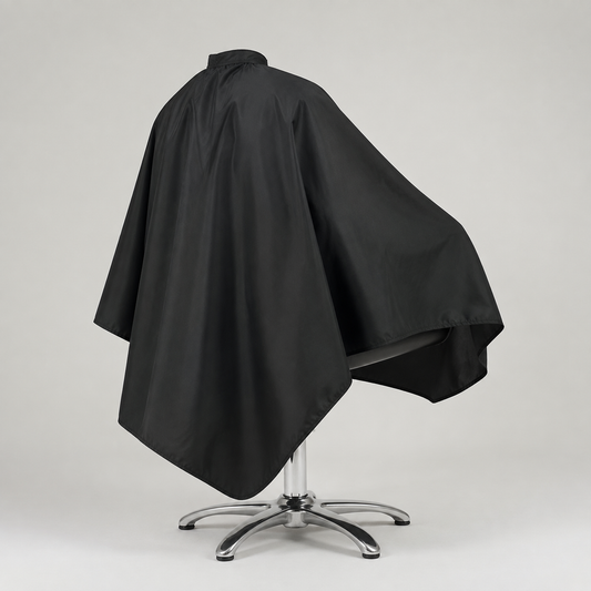 Salon Smart black cutting cape draped over a salon chair