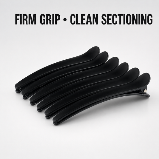 Six matte black Straight Hair Clips for firm grip and clean salon sectioning