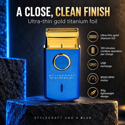 StyleCraft Uno Blue shaver ultra thin gold titanium foil for a close clean finish