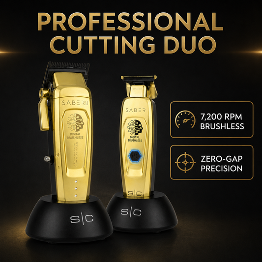 StyleCraft Saber 2 clipper and Saber trimmer gold duo – 7,200 RPM brushless, zero-gap precision
