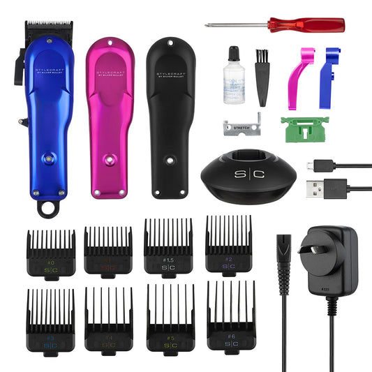 StyleCraft Rebel clipper kit with eight magnetic guards, charging stand and accessories