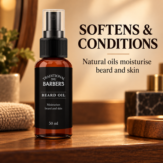 Traditional Barbers Beard Oil softens and conditions beard graphic