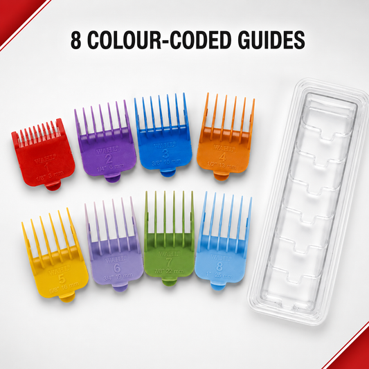 Eight colour-coded Wahl cutting guides with organiser and numbered sizes