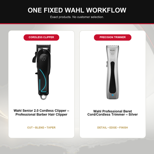 Wahl Senior 2.0 + Silver Beret Duo feature overview showing Wahl Senior 2.0 Cordless Clipper – Professional Barber Hair Clipper and Wahl Professional Beret Cord/Cordless Trimmer – Silver