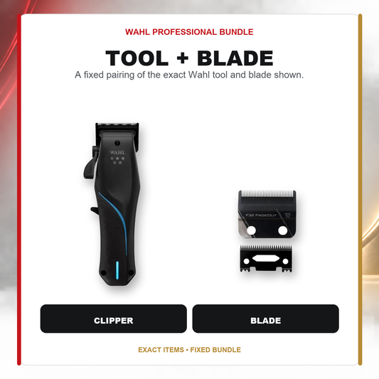 Wahl Vapor Cordless + F32 Fadeout Blade Set feature overview showing Wahl Vapor Cordless Clipper with Low Profile Charge Stand and Wahl Vapor F32 Fadeout Blade Set