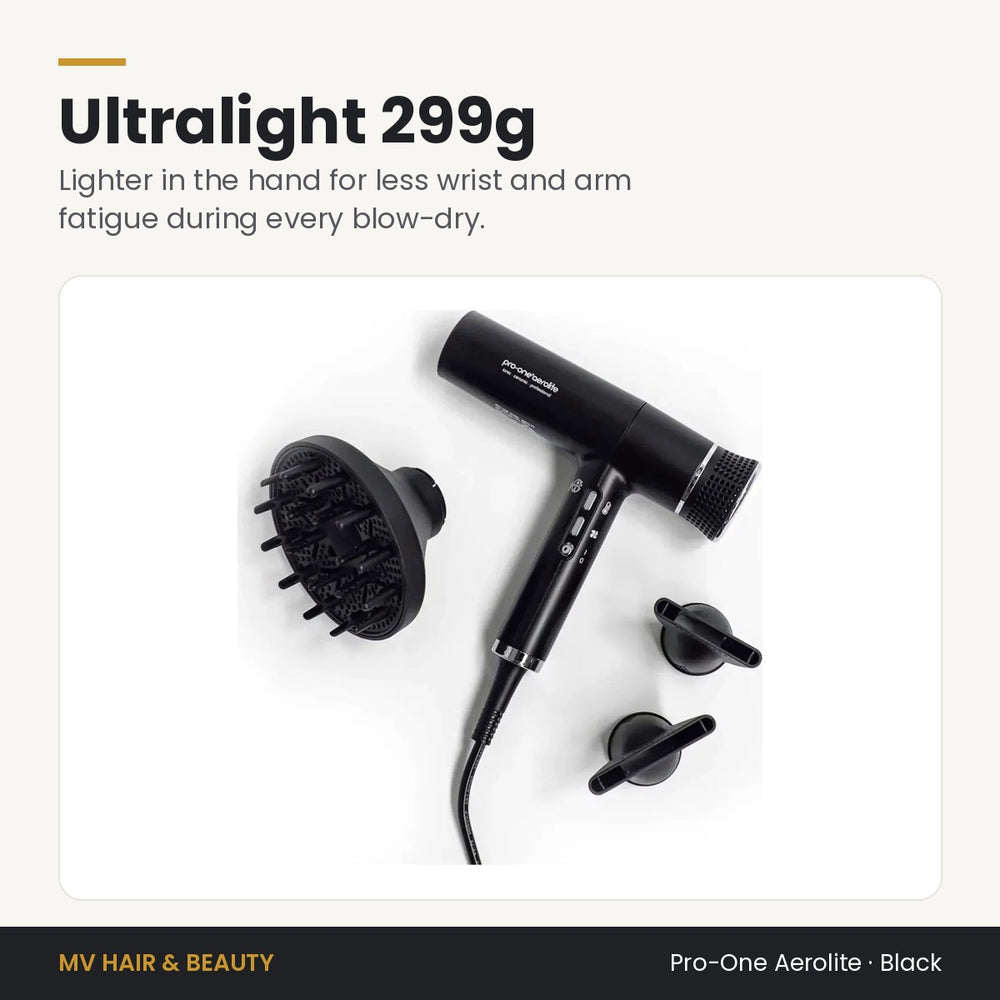 Pro-One Aerolite Hair Dryer in Black weighs just 299g for less hand and wrist fatigue