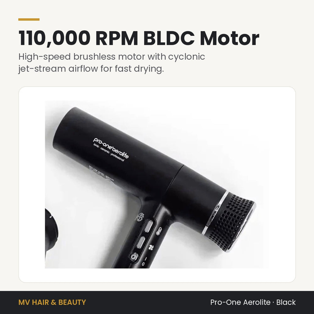 Pro-One Aerolite Hair Dryer in Black 110,000 RPM brushless motor and cyclonic jet-stream airflow
