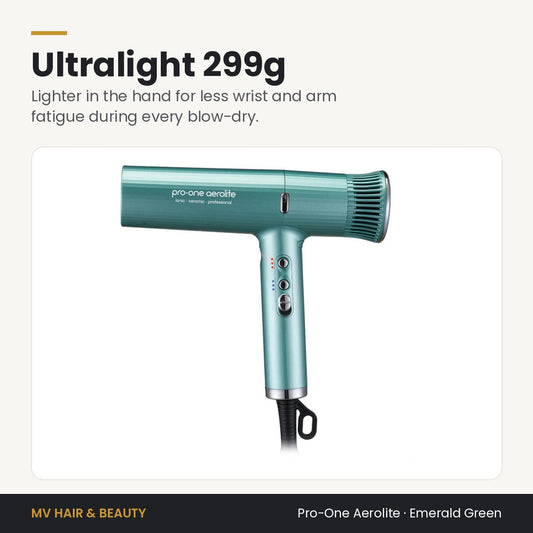 Pro-One Aerolite Hair Dryer in Emerald Green weighs just 299g for less hand and wrist fatigue