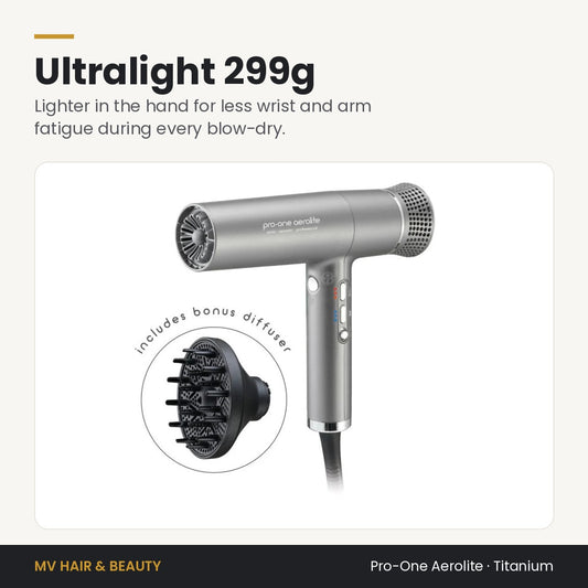 Pro-One Aerolite Hair Dryer in Titanium weighs just 299g for less hand and wrist fatigue